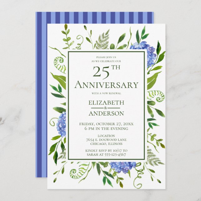 Blue Hydrangeas 25th Anniversary Invitation (Front/Back)