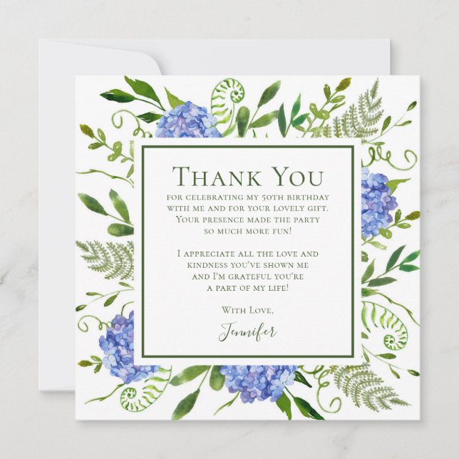 Blue Hydrangeas 50th Birthday  Thank You Card (Front)