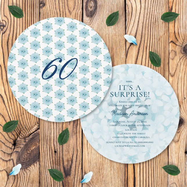 Blue Hydrangeas 60th Surprise Birthday Party Invitation (Front and Back)