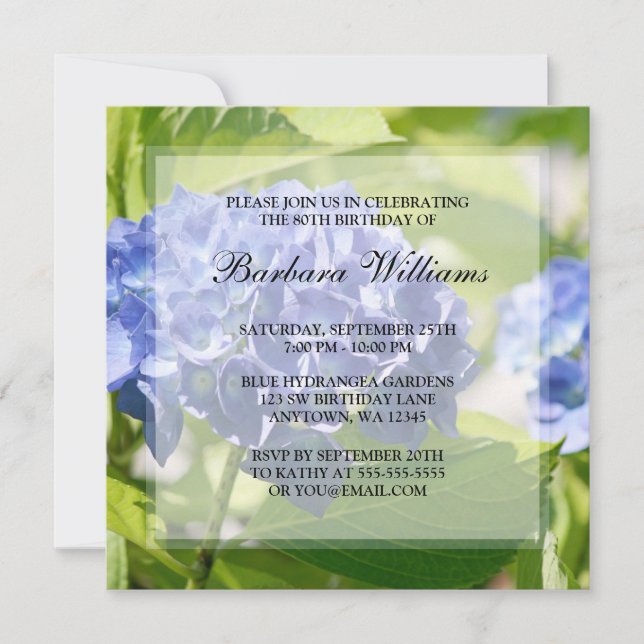Blue Hydrangeas 80th Birthday Party Invitations (Front)