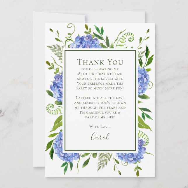 Blue Hydrangeas 85th Birthday  Thank You Card (Front)