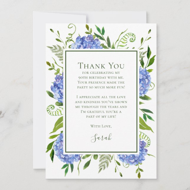 Blue Hydrangeas 90th Birthday  Thank You Card (Front)