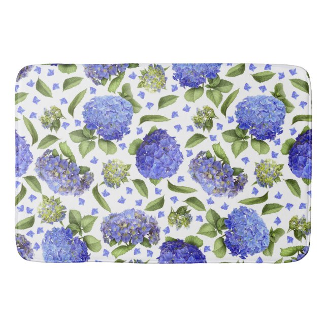 Blue Hydrangeas All Over Floral Pattern Bath Mat (Front)