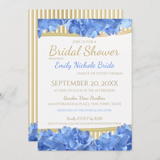 Blue Hydrangeas and Gold Stripes Bridal Shower Invitation (Front/Back)