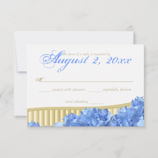 Blue Hydrangeas and Gold Stripes RSVP Card (Front)