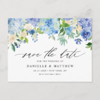 Blue Hydrangeas and Ivory Roses Save The Date