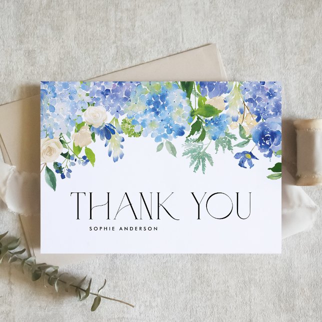 Blue Hydrangeas and Ivory Roses Wedding Thank You Card (Creator Uploaded)