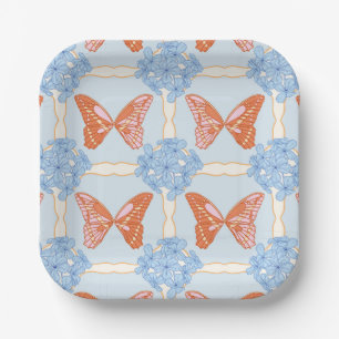 Blue Hydrangeas and Pink and Orange Butterflies Paper Plate