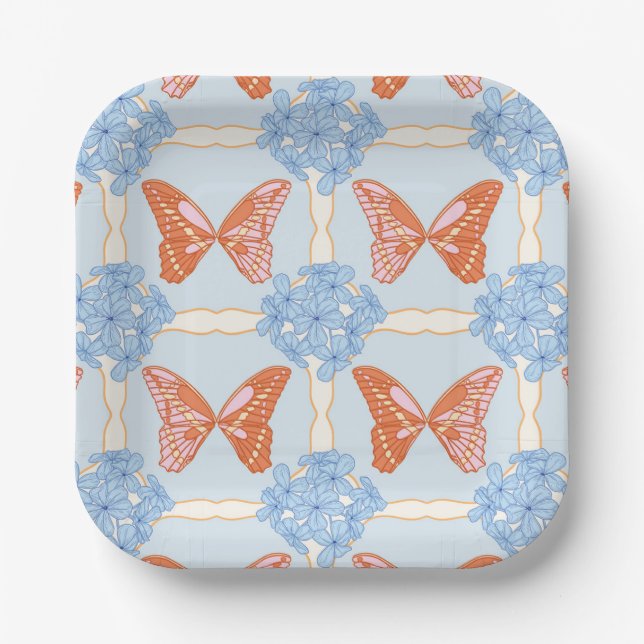 Blue Hydrangeas and Pink and Orange Butterflies Paper Plate (Front)