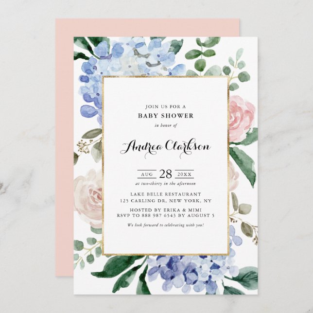 Blue Hydrangeas and Pink Roses Baby Shower Invitation (Front/Back)