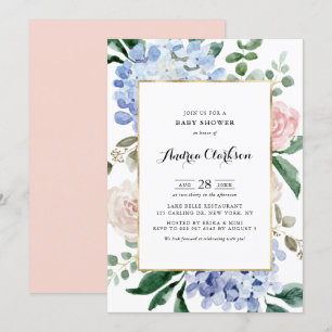 Blue Hydrangeas and Pink Roses Baby Shower Invitation