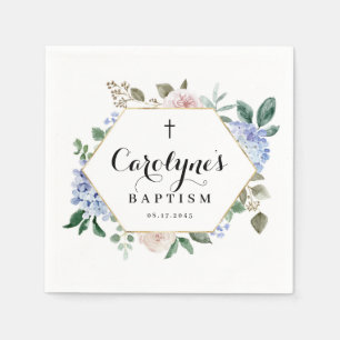 Blue Hydrangeas and Roses Floral Frame Baptism Napkin