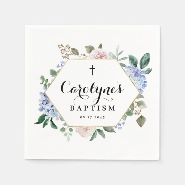 Blue Hydrangeas and Roses Floral Frame Baptism Napkin (Front)
