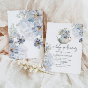 Blue Hydrangeas baby is brewing tea party shower Invitation