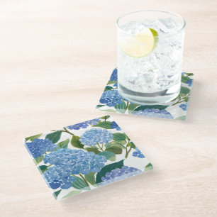 Blue Hydrangeas   Beautiful Floral Bush Glass Coaster