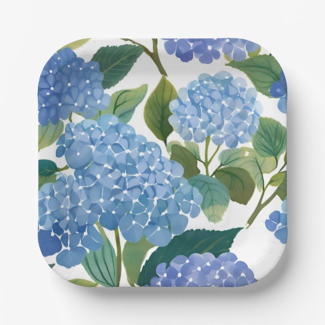 Blue Hydrangeas | Beautiful Floral Bush Paper Plate (Front)