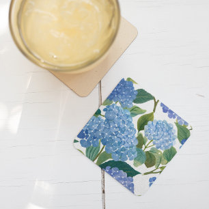 Blue Hydrangeas   Beautiful Floral Bush Square Paper Coaster