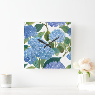 Blue Hydrangeas   Beautiful Floral Bush Square Wall Clock