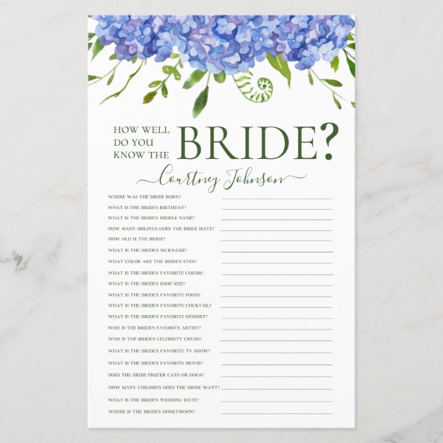 Blue Hydrangeas Bridal Shower Game (Front)