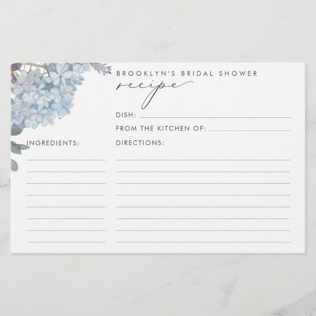 Blue Hydrangeas Bridal Shower Recipe Cards (Front)