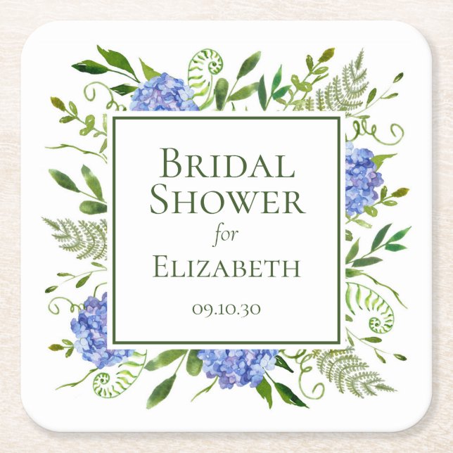 Blue Hydrangeas Bridal Shower Square Paper Coaster (Front)