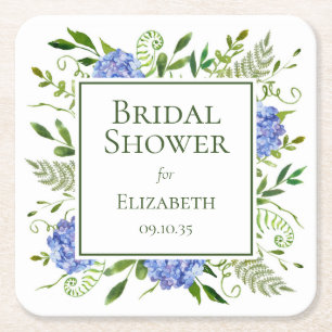 Blue Hydrangeas Bridal Shower Square Paper Coaster