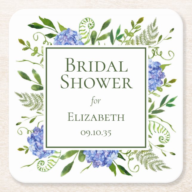Blue Hydrangeas Bridal Shower Square Paper Coaster (Front)