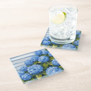 Blue Hydrangeas Bushes Floral Painting Glass Coaster