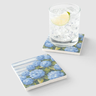 Blue Hydrangeas Bushes Floral Painting Stone Coaster
