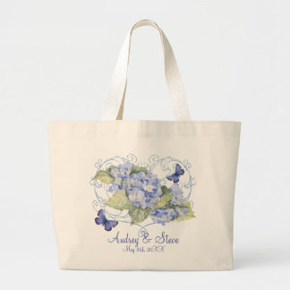 Blue Hydrangeas, Butterfly & Swirl Modern Floral Large Tote Bag