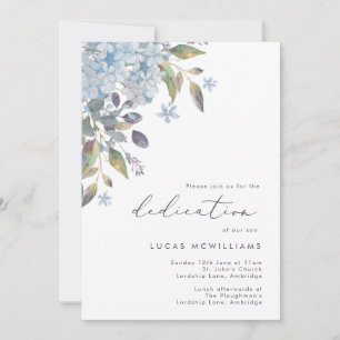 Blue Hydrangeas Calligraphy Baby Dedication Invitation