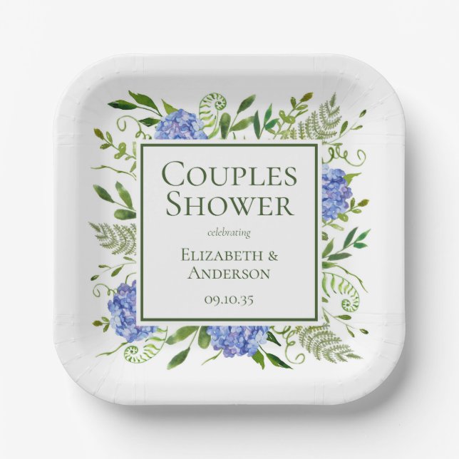 Blue Hydrangeas Couples Shower Paper Plate (Front)