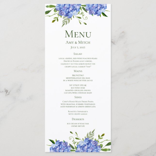 Blue Hydrangeas Engagement Party Menu (Front)