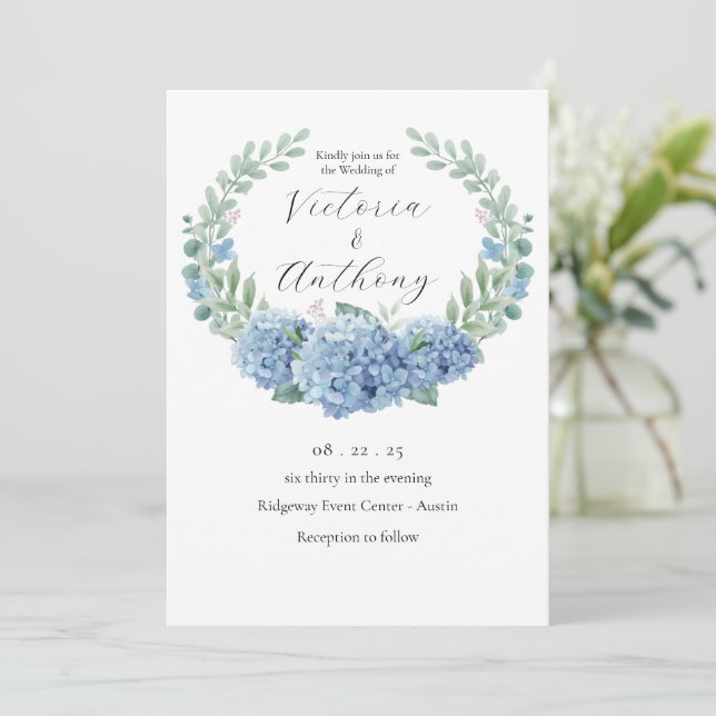 Blue Hydrangeas Floral Elegant Wedding Invitation (Standing Front)