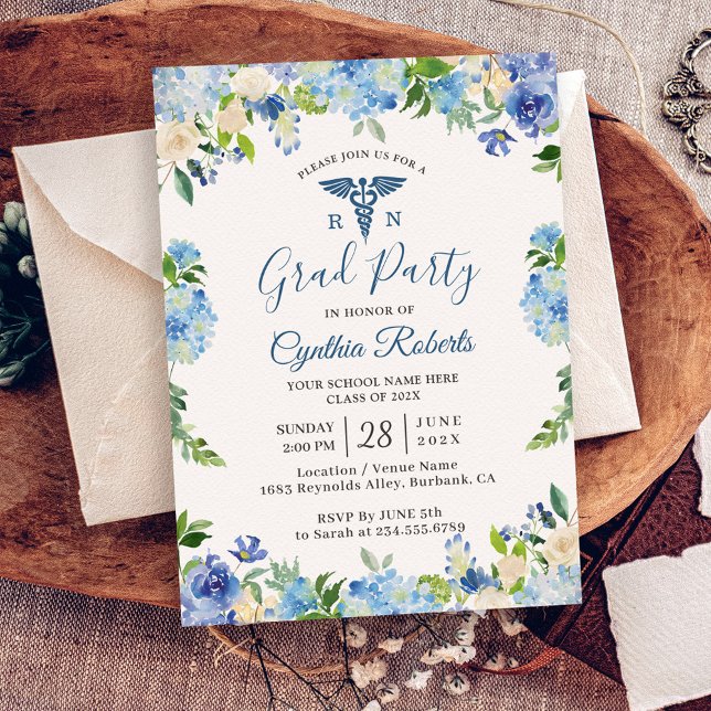 Blue Hydrangeas Floral Nursing School Graduation Invitation (Creator Uploaded)