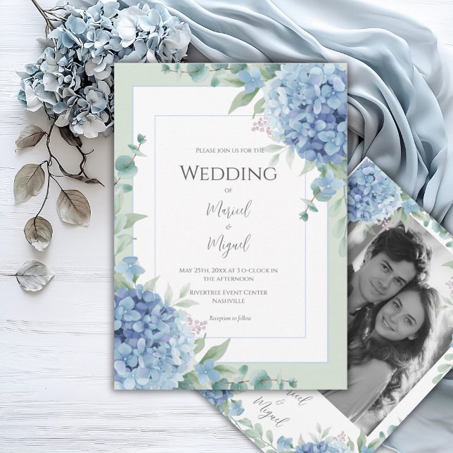 Blue Hydrangeas Floral Photo Elegant Wedding Invitation (Creator Uploaded)