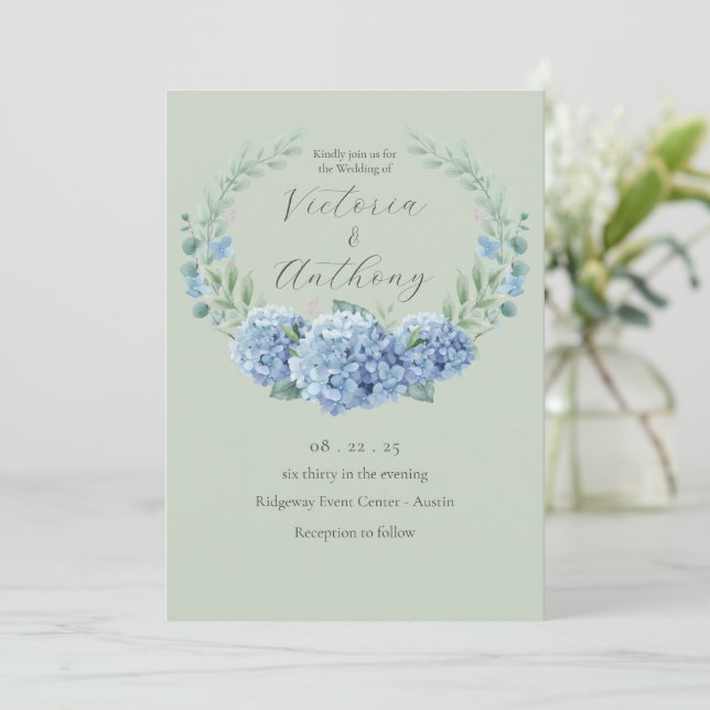 Blue Hydrangeas Floral Sage Green Wedding Invitation (Standing Front)