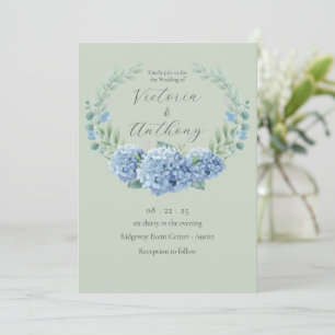 Blue Hydrangeas Floral Sage Green Wedding Invitation