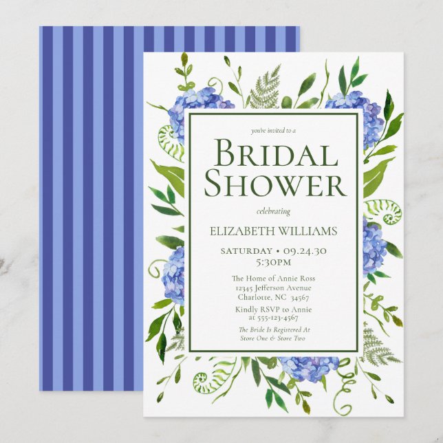 Blue Hydrangeas Floral Watercolor Bridal Shower Invitation (Front/Back)