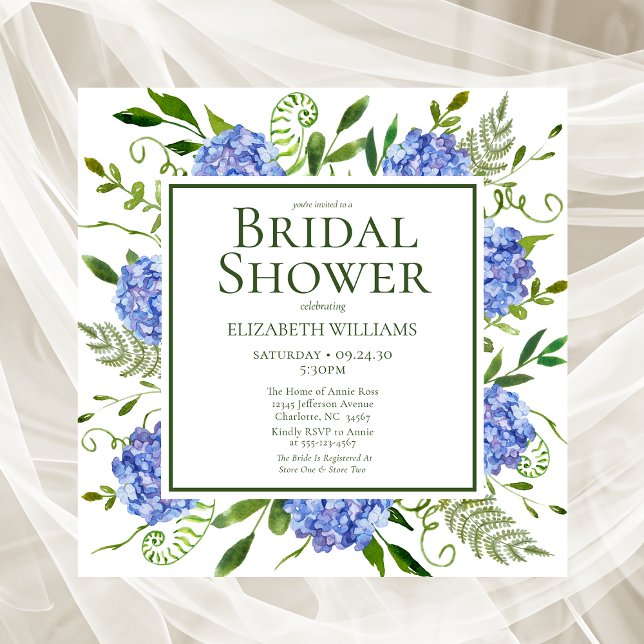 Blue Hydrangeas Floral Watercolor Bridal Shower Invitation (Creator Uploaded)