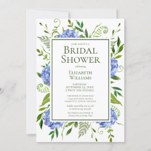 Blue Hydrangeas Floral Watercolor Bridal Shower Invitation