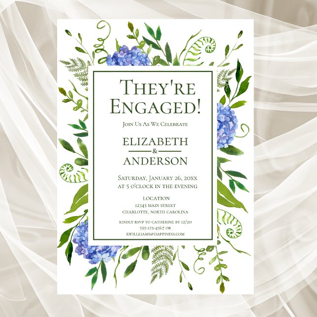 Blue Hydrangeas Floral Watercolor Engagement Party Invitation (Creator Uploaded)