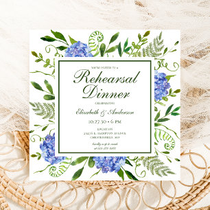 Blue Hydrangeas Floral Watercolor Rehearsal Dinner Invitation