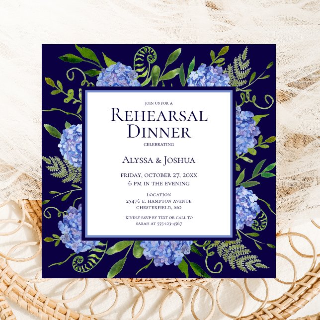 Blue Hydrangeas Floral Watercolor Rehearsal Dinner Invitation (Creator Uploaded)