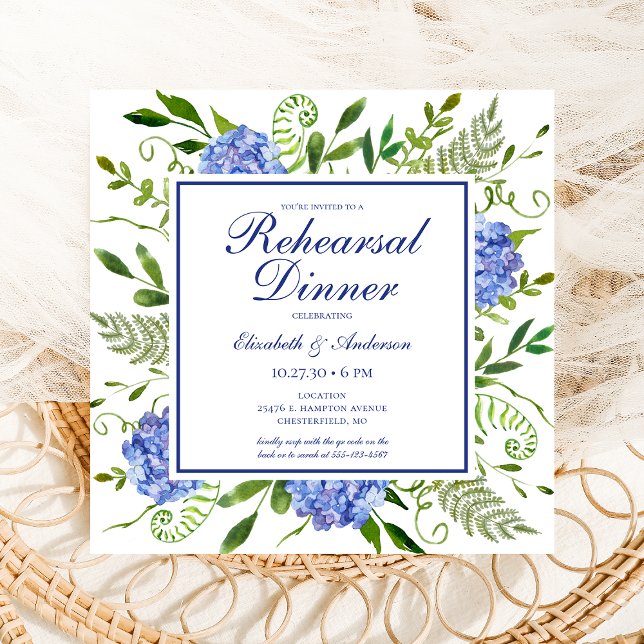 Blue Hydrangeas Floral Watercolor Rehearsal Dinner Invitation (Creator Uploaded)