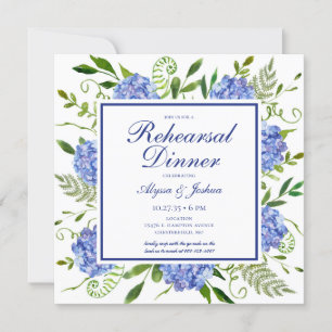 Blue Hydrangeas Floral Watercolor Rehearsal Dinner Invitation