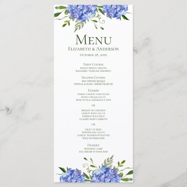 Blue Hydrangeas Floral Watercolor Wedding Menu (Front)