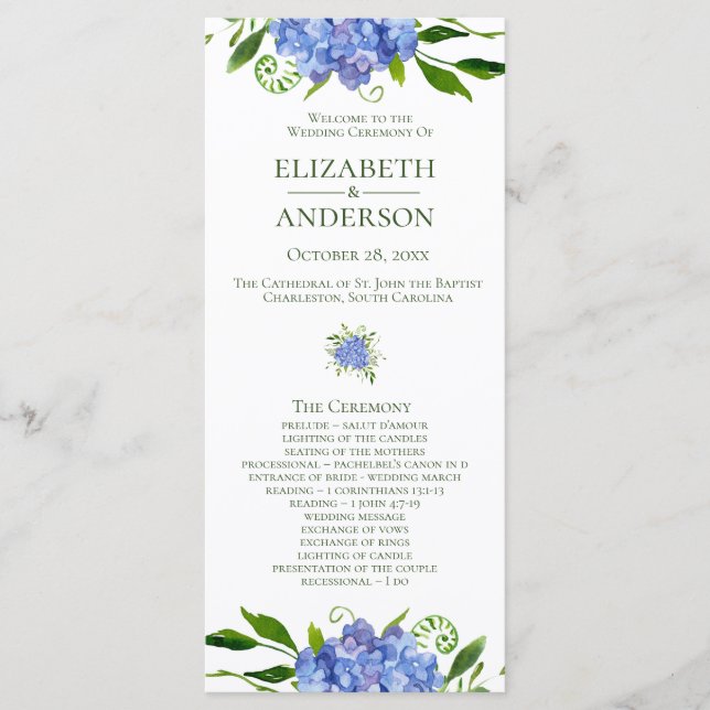 Blue Hydrangeas Floral Watercolor Wedding Program Programme (Front)
