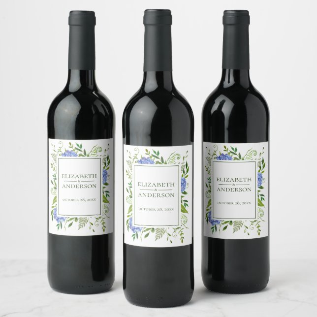 Blue Hydrangeas Floral Watercolor Wedding Wine Label (Bottles)