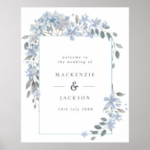 Blue Hydrangeas Frame Watercolor Wedding Welcome Poster